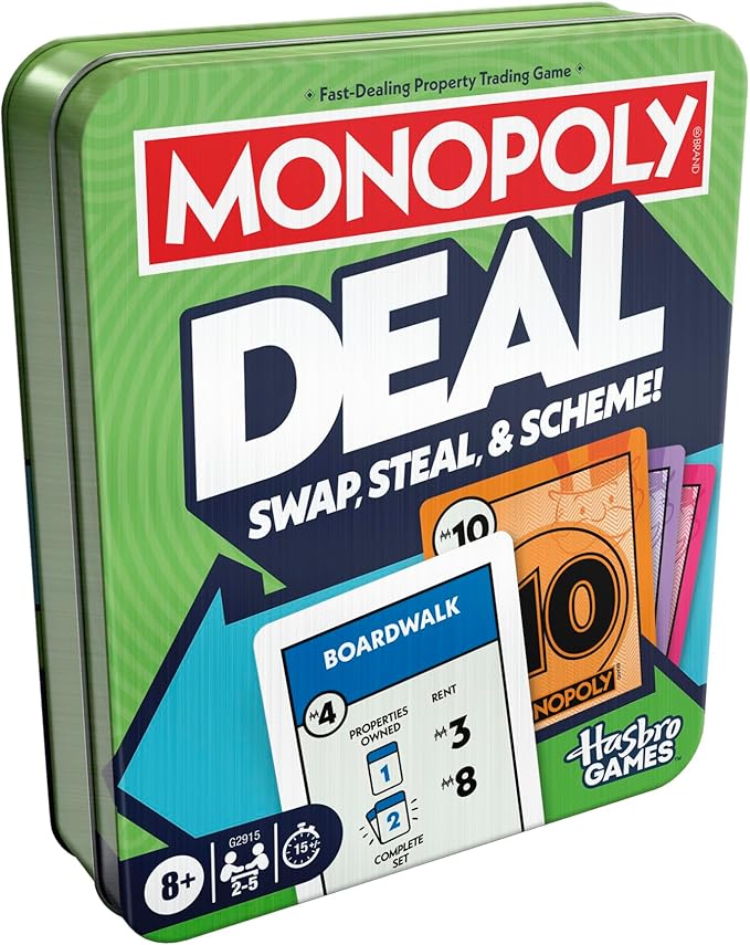 Monopoly Deal Card Game in Collectible Storage Tin | Ages 8+ | 2-5 Players | 15 Mins. | Fun Family Games for Kids, Teens, and Adults | Travel Games
