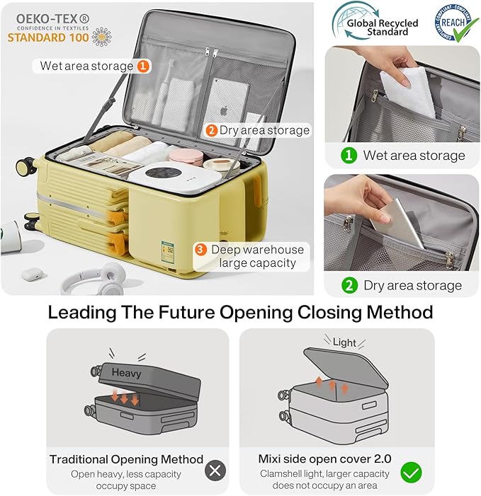 mixi Carry On Luggage with Cup Phone Holder and Charger Hard Shell Suitcases with Spinner Wheels,20 Inch Lark Yellow