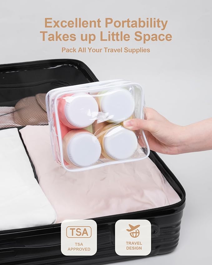 Travel Bottles for Toiletries 8 Pack, Travel Size Toiletries, Tsa Approved Travel Size Containers 3oz, with Travel Essentials Clear Bag, Leak Proof Silicone Squeezable Creams Jars