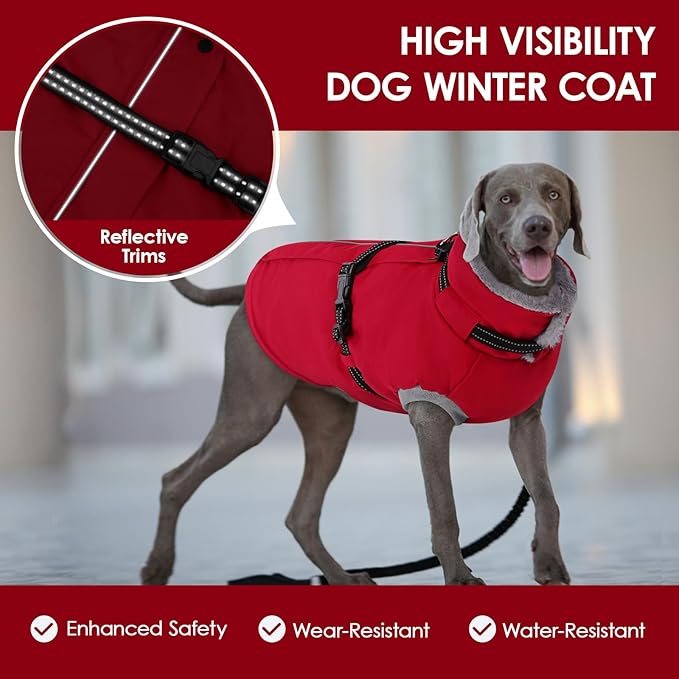 AOFITEE Dog Coat, Warm Dog Winter Coat with Harness Built in, Waterproof Pet Snow Jacket with Zipper on Back, Fleece Pet Sweater Outdoor Puffer Jacket Snowsuit for Extra Large Dogs, Christmas Red XXL