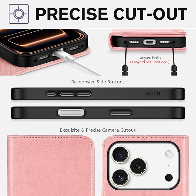 TUCCH Case Wallet for iPhone 17 Pro (6.3") 2025, RFID Blocking 3 Card Holders | Kickstand | PU Leather | Protective Flip Folio Cover | TPU Shockproof Interior Shell | Pink