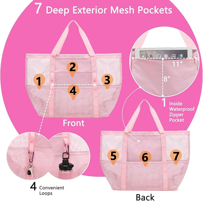 Mesh Beach Bag, Large Beach Tote with Zipper Pocket for Family Pool Bag for Toys & Vacation Essentials