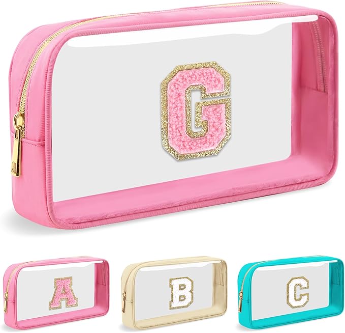 Personalized Initial Letter Clear Makeup Bag,Preppy Small Nylon&PVC Cosmetic Zipper Bag with Chenille Letter,Portable Beach Travel Skincare Toiletry Bag,Trendy Monogram Gift for Teen Girls Women,G