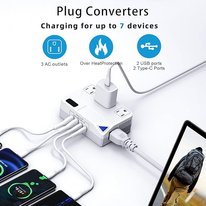 250W Conversion Plug, International Travel Converter with 2 USB and 2 USB-C Ports, lowering 220V to 110V for 100V-240V Areas and Different Countries Plugs Using US Electrical Devices