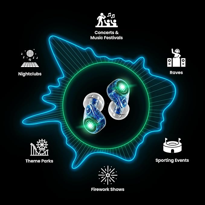 Eargasm Earlights Light Up High Fidelity LED Earplugs for Concerts, Festivals, Raves, Musicians, Sports Events, Live Entertainment for Safe Noise Reduction (Premium Gift Box Packaging)