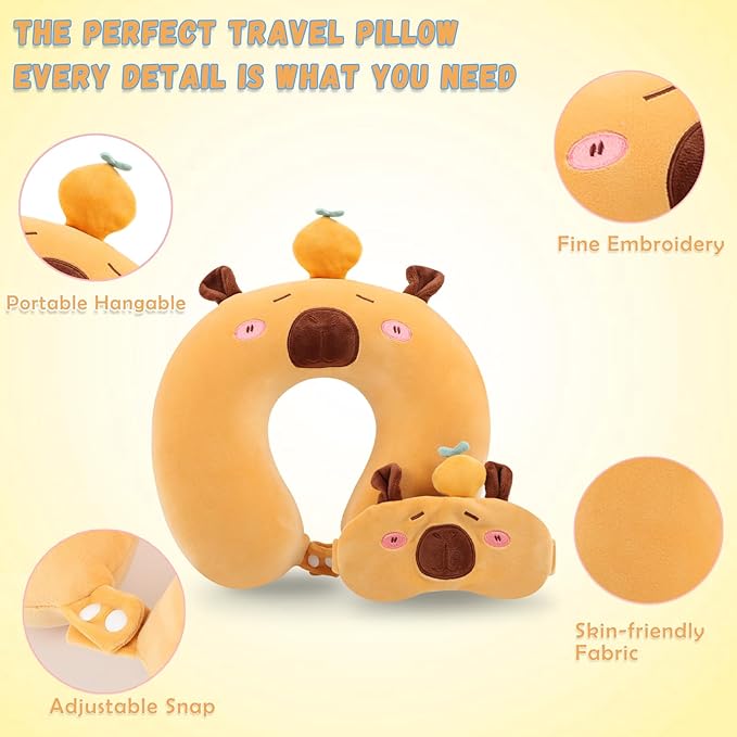 Travel Pillow, Kids Travel Pillow with Sleep Eye Mask Soft Memory Foam Kids Neck Pillow for Boys & Girls, Travel Accessories for Car Airplane Traveling - Capybara