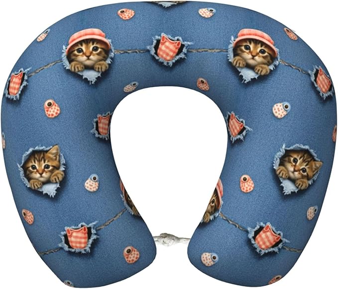 Travel Neck Pillow for Pain Relief Sleeping, Cute Cat Patterns Printed, Comfortable Memory Foam Chin Head Cushion Support with Zip Cover, Fashion Car Flight Pillows
