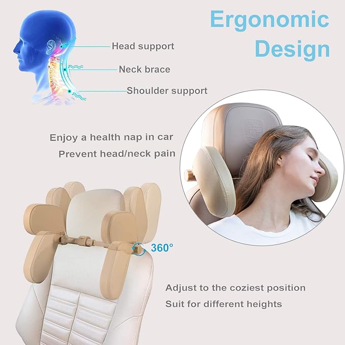 Car Headrest Pillow, Roadpal Adjustable Sleeping Headrest for Car Seat, Head Neck Support Rest Pillows for Kids Adults Travel, Fits ONLY Seats with 2 Metal Rods, PLS Check Before Purchase