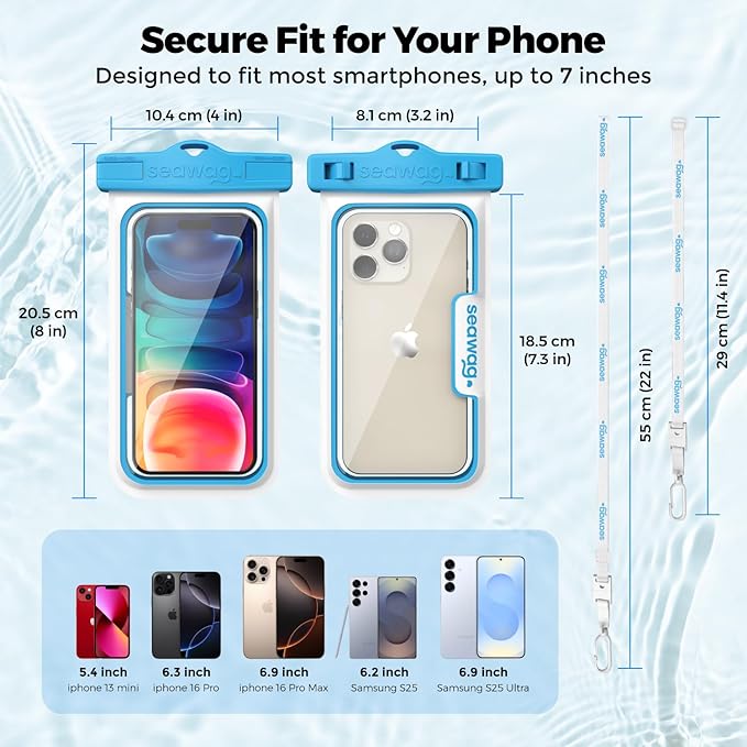 SEAWAG Next Waterproof Phone Case with Lanyard, Floating IPX8 Pouch for iPhone 17 16 Pro Max 15 14 13 12 11 and Samsung Galaxy S25 S24, Beach Cruise Travel Essentials, 1 Pack Blue