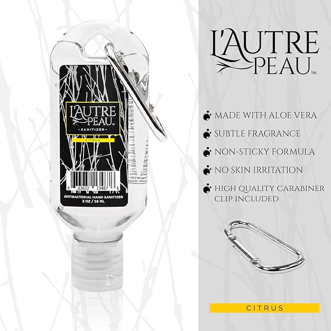 Travel Hand Sanitizer Gel with Aloe Vera & Vitamin E Made by L’AUTRE PEAU - Citrus Scented Alcohol Based Liquid Instant Hand Cleaner Pocket Sanitizer with Carabiner Clip (2oz 6 Pack)