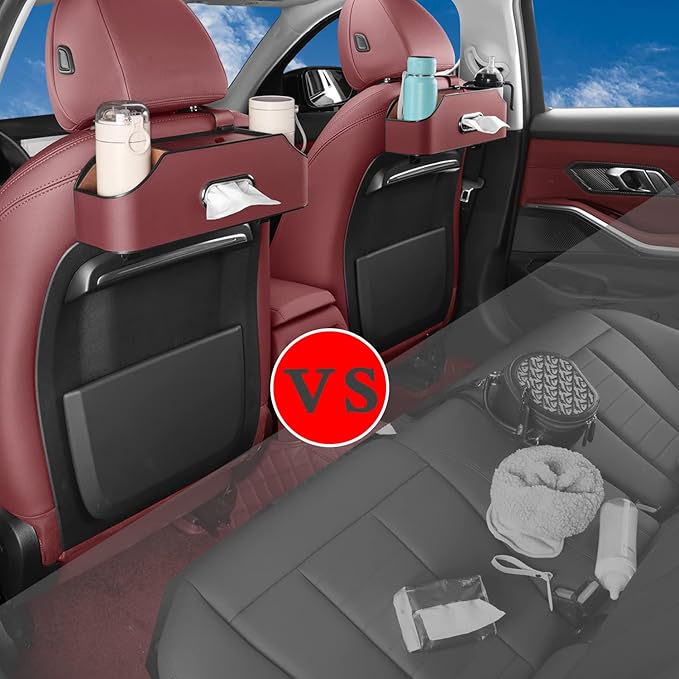HOLDCY Car Back Seat Organizer with 2 Drink Cup Holder - Tissue Box and Storage Box Hook - Multi-functional Storage - Great for Kids and Travel (Red)