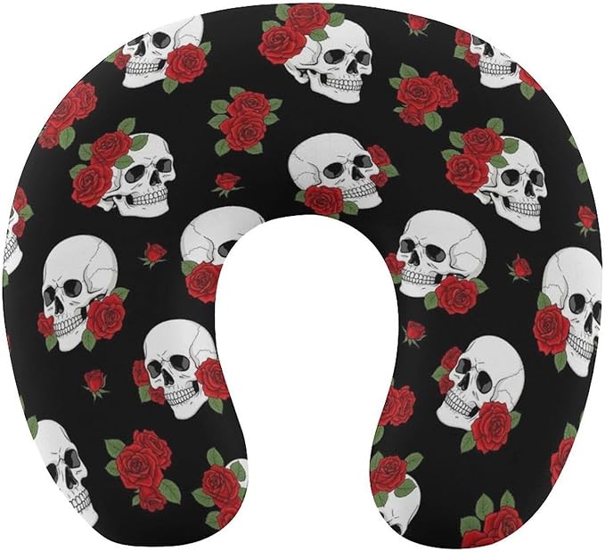 Lightweight Travel Neck Pillow Halloween Red Rose Skull Memory Foam U Shaped Cushion, Washable Removable Cover for Airplane Car Outdoor Rest