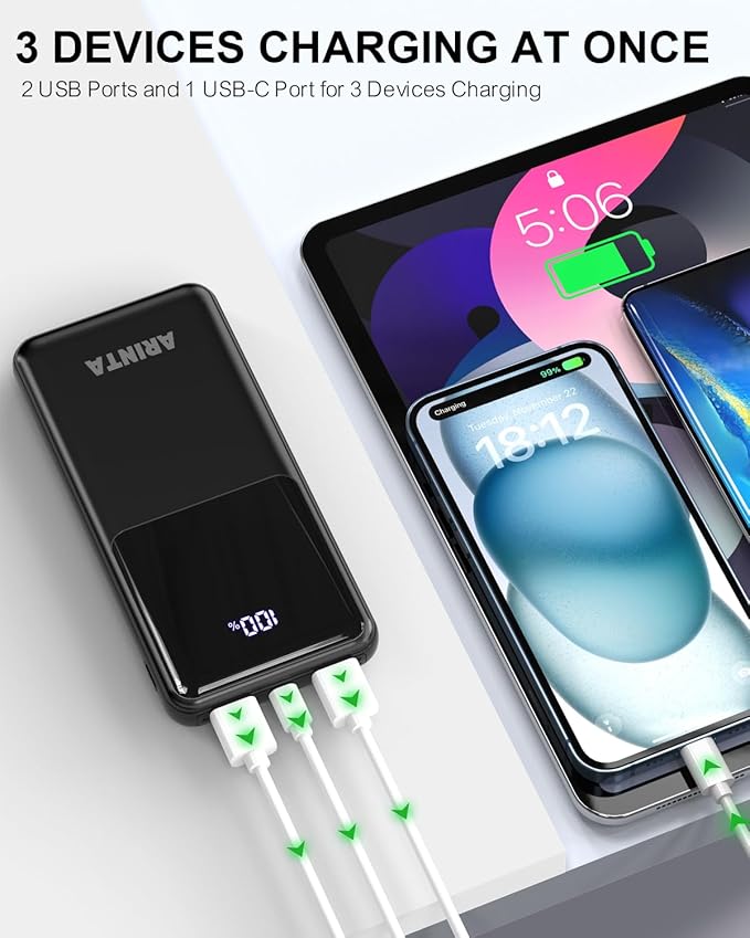Power Bank Portable Charger 10000mAh PD 22.5W, Battery Pack for Heated Vests & Jackets, LED Display & USB-C in/Out, Travel Essentials, Compatible for Smartphones, Tablets & More (Black)