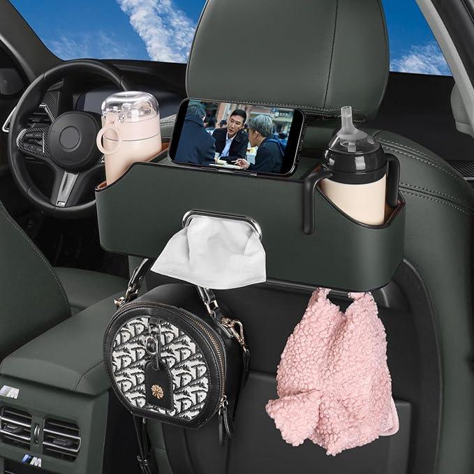 Car Seat Back Organizer - Stylish & Functional Storage for Family Adventures - Cup Holders, Tissue Box & Hooks - Perfect for Kids, Road Trips & Travel (Emeralds)