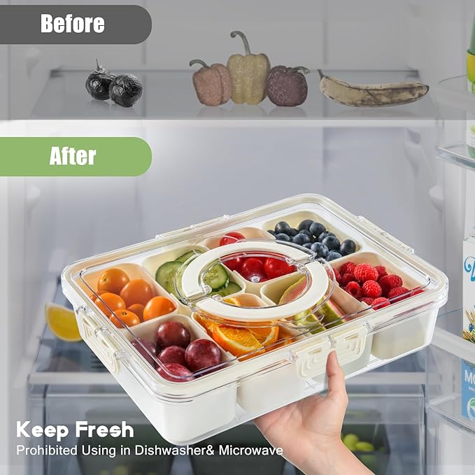 Snackle Box Container with Lid and Handle, Upgraded BPA-Free PP, Portable Divided Snack Tray for Travel, Picnic, Party, Camping, Beach, and Road Trips Large Size 11.8"x8.8" Clear and White