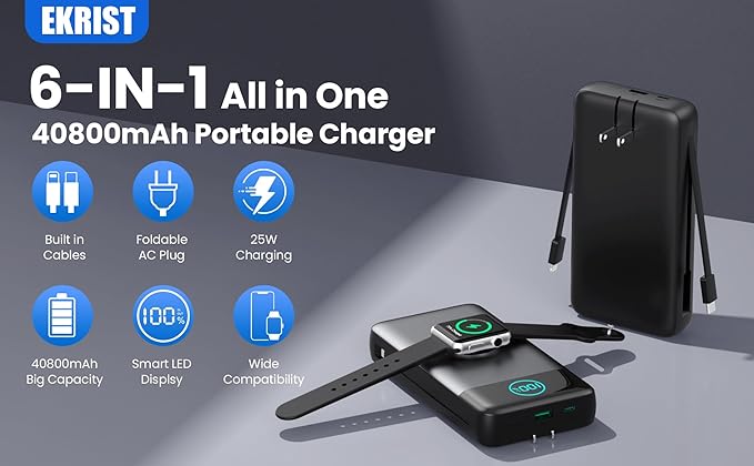 Portable Charger for iPhone with Built-in Cables and AC Wall Plug,Upgraded 40800mah Fast Charging USB C Power Bank,25W PD Travel Essentials Battery Pack for iPhone 17/16/15/14/13,Galaxy,Apple Watch