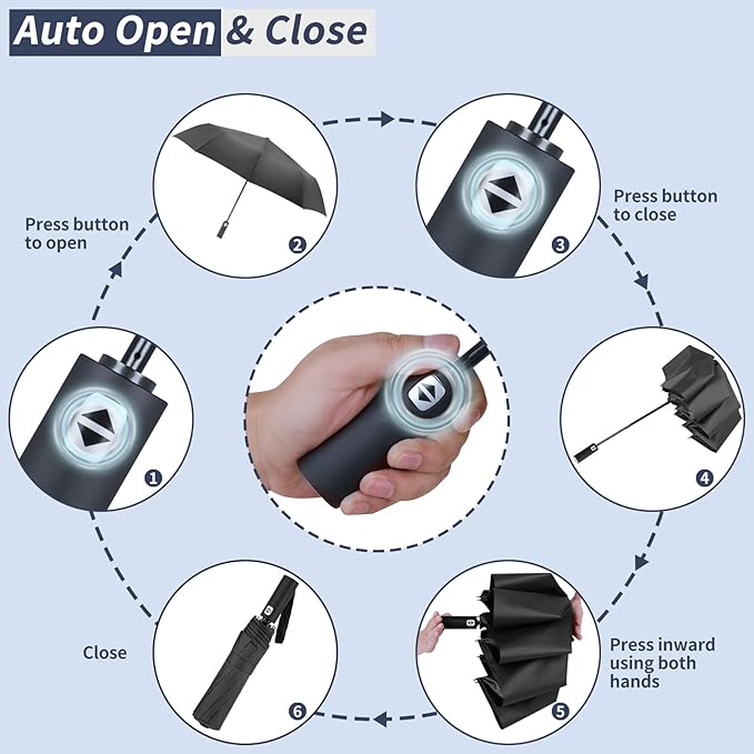 Satol Compact Umbrellas Automatic Open/Close, 46 Inch Windproof Travel Umbrellas, 10-Rib Umbrella for Rain, UPF 50+ UV Protection Sturdy Folding Umbrella