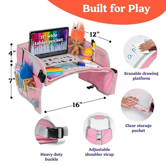 PILLANI Kids Travel Tray for Car - Car Seat Tray for Kids Travel, Road Trip Essentials Must Haves - Carseat Table Roadtrip Activities - Toddler Lap Desk Organizer for Airplane - Pack of 2, Pink