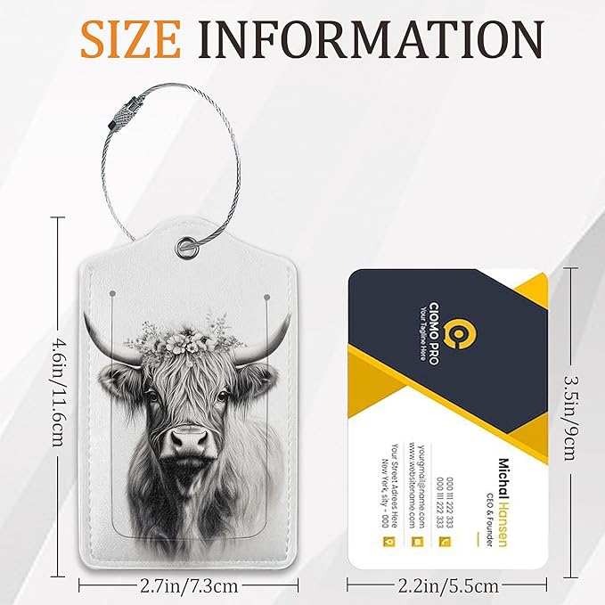 Black White Highland Cow Luggage Tags for Suitcase 3 Pack, Leather Bag Tags Identifiers with Privacy Name Address Labels and Durable Steel Loop for Men Women Backpack