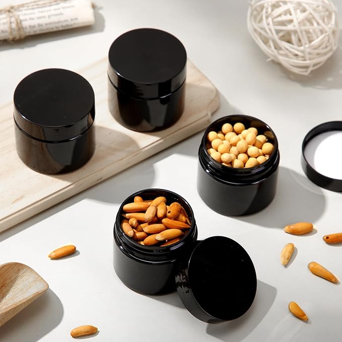 SATINIOR 12 Pack 2 oz Plastic Container Jars with Lids Round Clear Travel Cosmetic Container Slime Jar for Toiletries, Lotion, Cream, Ointment, Makeup, Rhinestone, Sample, Kitchen Storage(Pure Black)