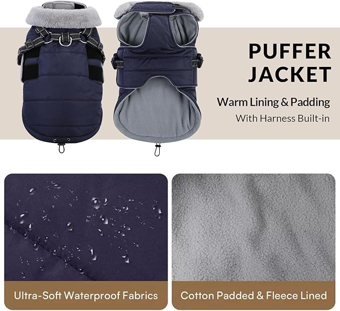 Queenmore Winter Dog Jackets for Extra Large Dogs with Harness Built-in, Waterproof Puffer Coat for Large Breed, Pet Snow Jacket for Winter/Cold Weather - Fleece Easy On Reflective, Navy XL