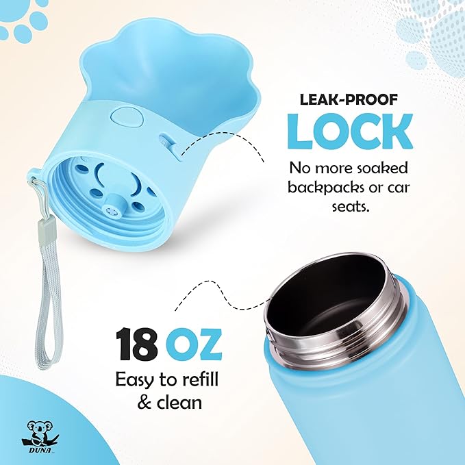 Gulp by Duna 18oz Dog Travel Water Bottle with Paw-Shaped Bowl – Insulated Stainless Steel, Leakproof & Portable with Carry Strap – Outdoor Walking, Hiking & Pet Hydration On-The-Go – Blue