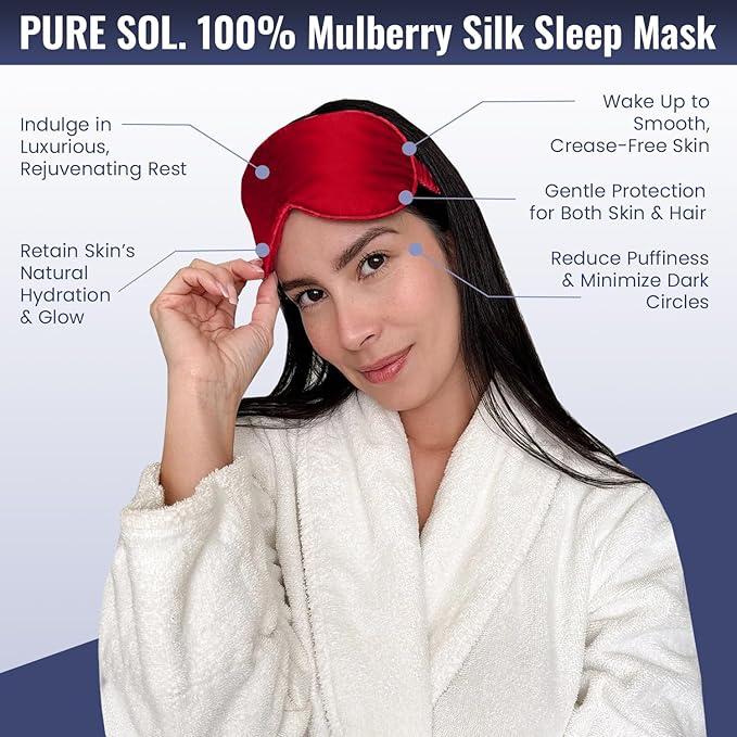 Pure SOL. Silk Sleep Mask - 100% Mulberry Silk Eye Mask - Eye Mask for Sleeping & Blindfold for Power nap During Travel (Ruby)