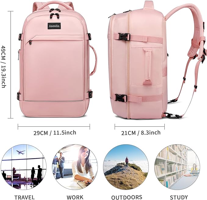 Asenlin 40L Travel Backpack for Women Men，17 Inch Laptop Backpack Flight Approved Luggage Carry On Water Resistant for Weekender Overnight Large Daypack PalePink