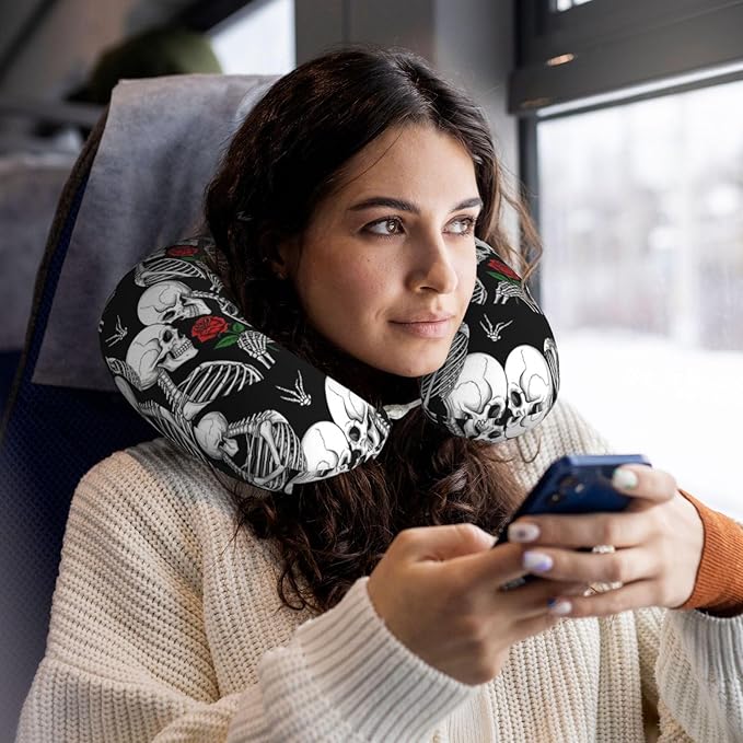 Neck Travel Pillow, Women Men Washable Airplane Car Pillows Rose Flower Skull Love Skeleton, Head Support Rest U Shaped Cushion Comfortable for Watching TV