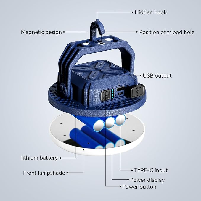 VAVOFO 30W LED Camping Lantern Rechargeable, 3000LM,124 LED with 3 Lighting Modes, 7200mAh Portable Tent Light with Magnet, IP65 Waterproof for Emergencies ,Power Outages,Hurricane (Blue)