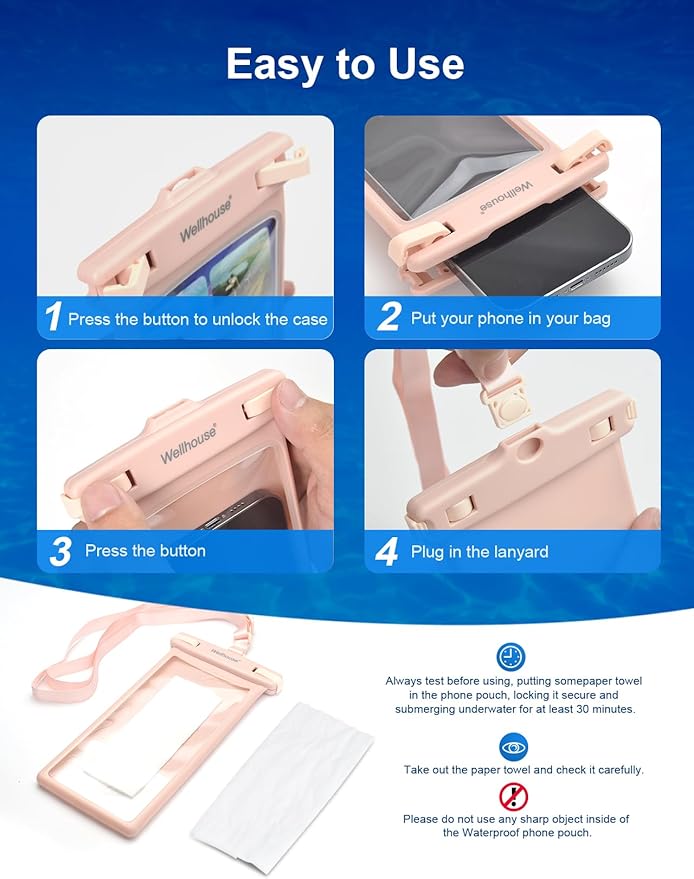 wellhouse Waterproof Phone Pouch, Waterproof Phone Case for iPhone 16 15 14 13 12 Pro Max XS Samsung, IPX8 3D Cellphone Dry Bag Beach Essentials (2 Pack - Blue & Pink8.0, 8 inch)