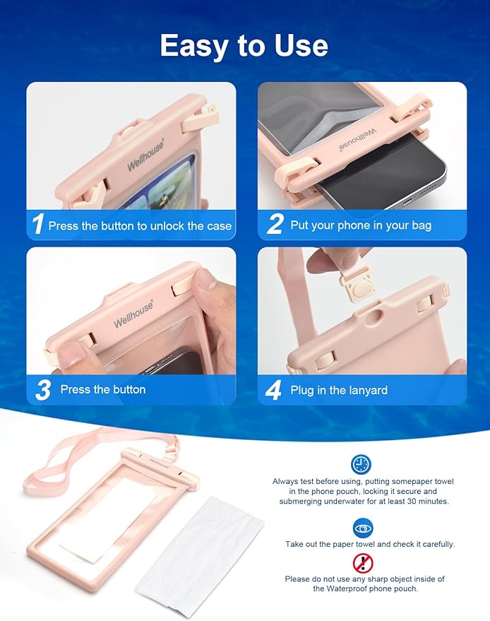 wellhouse Waterproof Phone Pouch, Waterproof Phone Case for iPhone 16 15 14 13 12 Pro Max XS Samsung, IPX8 3D Cellphone Dry Bag Beach Essentials (1 Pack - Pink8.0, 8 inch)