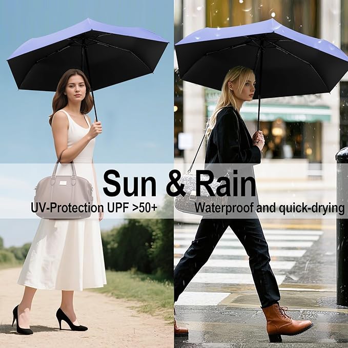 Auto Open Close Umbrella - Ultra Light Compact Travel & Backpack Size for Women and Men, UPF 50+ Eco-Friendly Sun Protection & Windproof Rain Umbrella with UV Defense