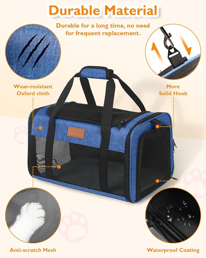 PETUX TSA Approved Pet Carrier in Cabin - 17"x11"x9.5", Underseat, Soft Sided Cat Carriers with Safety Zippers and Anti-Scratch Mesh for Small Cat up to 12 lb, Ideal for Travel and Vet Visit, Blue