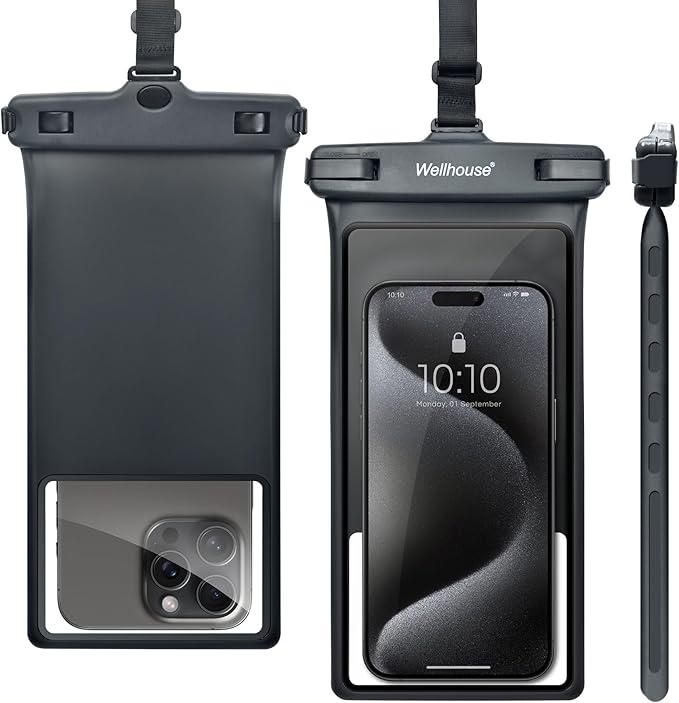 wellhouse Waterproof Phone Pouch, Waterproof Phone Case for iPhone 16 15 14 13 12 Pro Max XS Samsung, IPX8 3D Cellphone Dry Bag Beach Essentials (1 Pack - Black8.0, 8 inch)