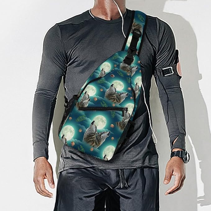 SWEET TANG Polyester Shoulder Sling Bag Multipurpose Casual Sport Daypack Unbalance Backpack with Small Pocket and Smooth Zipper, Howling Moon Wolf