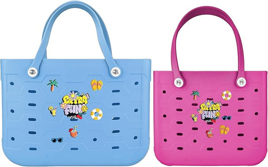 2-Piece Tote Bag Set, Waterproof Rubber Beach Bag with Summer Pattern, Medium & Large Handbag for Pool, Beach, Boat