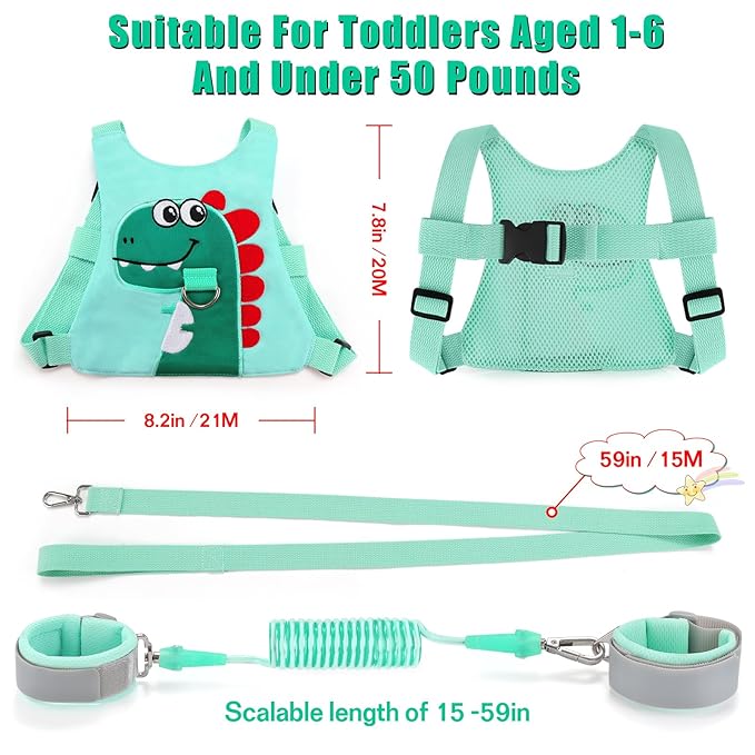 Toddler Leash-Baby Walking Safty Harness and Child Anti Lost Wrist Link for Girls/Boys Travel (Green)