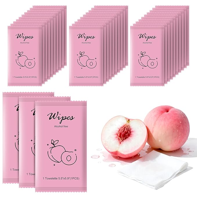 Individual Hand Wipes,Wet Wipes Individually Wrapped Bulk Cleansing Travel Size Wet Wipes for Wedding Travel Restaurant Barbecue(peach,pack of 50)