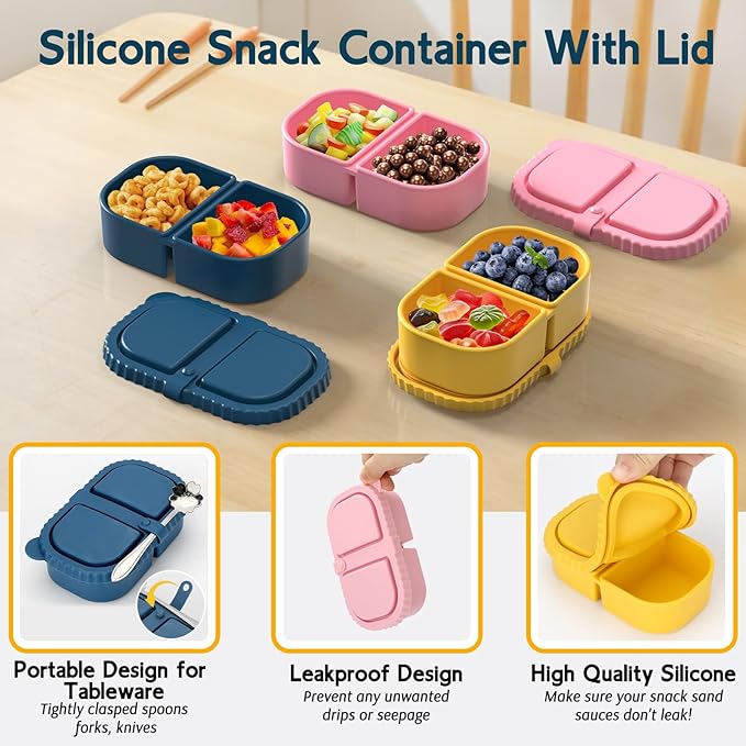 ICEROYCE 3 Pack Reusable Silicone Snack Containers with Lids, Meal Prep Containers 2 Compartments, Portable Silicone Food Storage Box for Picnic, Lunch, Office (3)