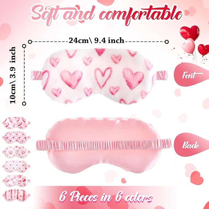 Cuffbow 6 Pcs Plush Sleep Eye Mask Silk Furry Eye Covers for Sleeping Cute Sleep Mask Fluffy Comfortable Sleeping Blindfold for Travel Sleepover Nap Party Supply Women(Heart,Pink)