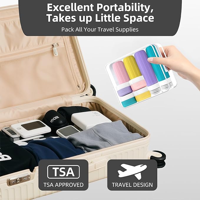 Travel Bottles for Toiletries, Leakproof Silicone Squeezable Cosmetic Liquids Bottles in Travel Size with Clear Bag, TSA Approved Refillable Cosmetic Container Kits for Shampoo and More