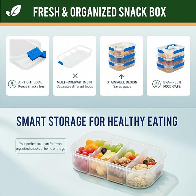 Li & Zhao Snackle Box Container - 4-Compartment Divided Snack Serving Tray with Silicone Handle, Perfect for Picnics, Leak-Proof, and Dishwasher-Safe Dressing Containers(Blue)