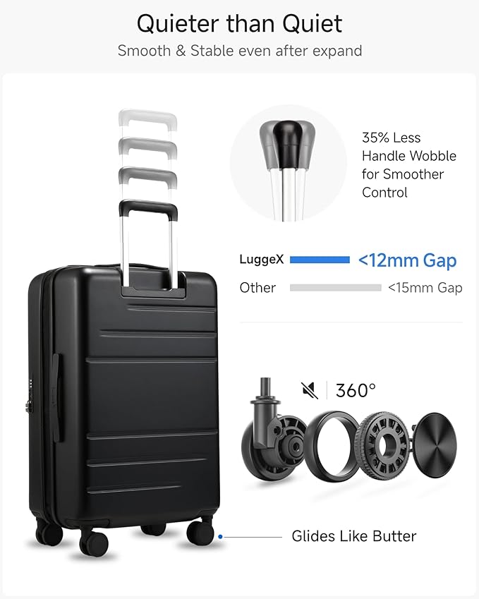 LUGGEX Checked Luggage with Spinner Wheels, FLO5 Expandable Polycarbonate Hard Shell Suitcase with TSA Approved Lock (FX-Core, Black, 24 Inch)
