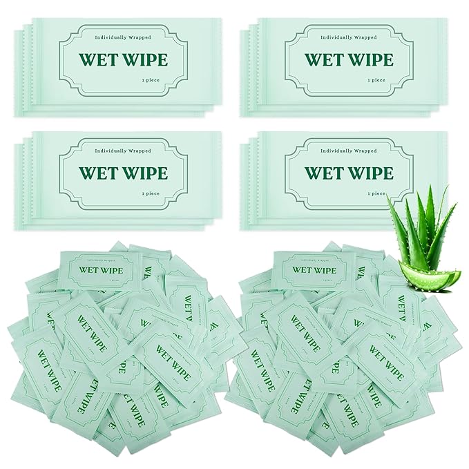 300 Pack Wet Wipes Individually Wrapped, Aloe Vera Hand Wipes, Wet Wipe Bulk Individual Hand Wipe,Travel Size Wipes Quick Hands Cleaning for Travel Wedding Restaurant Barbecue(Green)