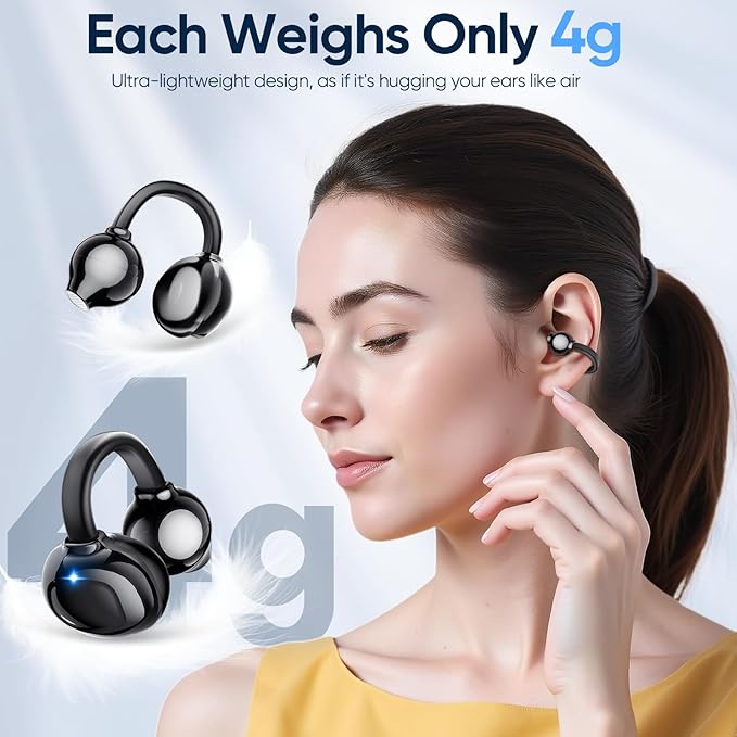 AI Clip on Earbuds Wireless Bluetooth 5.4 Earphones, Open Ear Headphones with Mic, 40H Play, Waterproof Design, 4g Ultra-Lightweight Sports Ear Clip Earbuds, Comfortable for Glasses Wearers Workouts