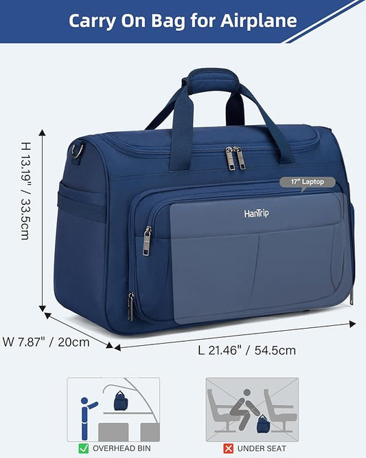 HanTrip Carry on Duffel Bag Foldable Duffle Bags for Travel, Large Personal Item Bags for Airplanes, Weekender Overnight Mens Travel Tote Bag for Women Softside Carry on Luggage (Blue)