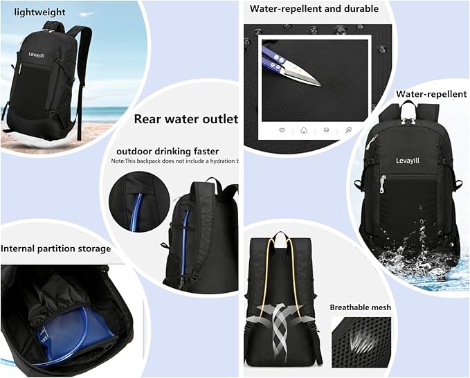 30L Foldable Backpack & Bucket Hat 2 In 1 Combo, Lightweight packable Travel and Fisherman Hat Set, Compact Collapsible Daypack with Sun Hat (Black)