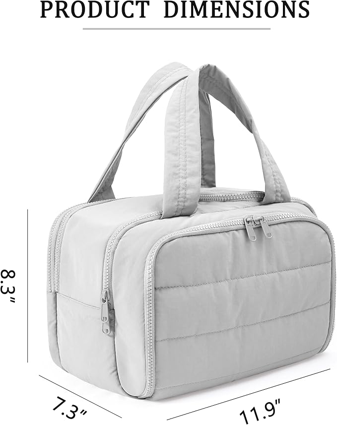 Travel Toiletry Bag for Women, Large Wide-open Puffy Cosmetic Makeup Bag with Wet-Dry Separation, Multi-Pocket Organizer with Carry Handle for Toiletries, Cosmetics, Essentials, Light Grey