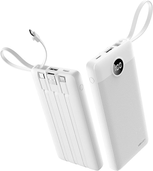 Portable Charger Compatible with iPhone 17, 10000mAh Slim Power Bank with Built-in Cables, External Battery Pack 5 Outputs 2 Inputs LED Display Compatible with iPhone/Android & More (White)